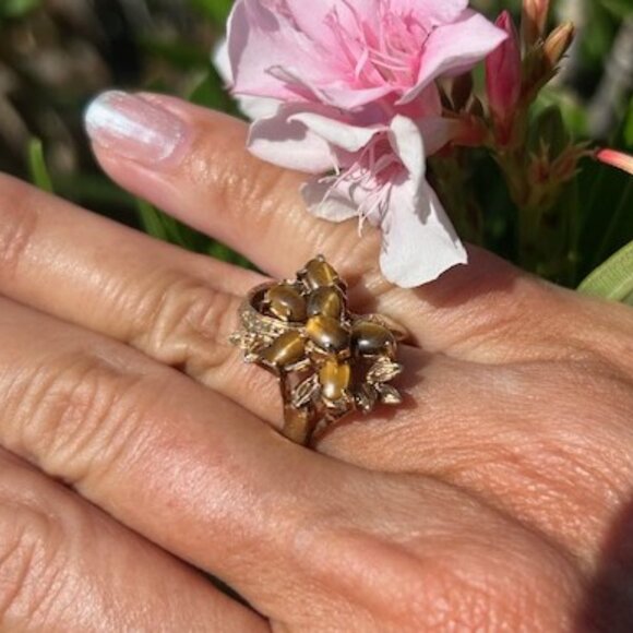 TIGER’S EYE Cluster Stone Gold Cocktail RING - Picture 1 of 9